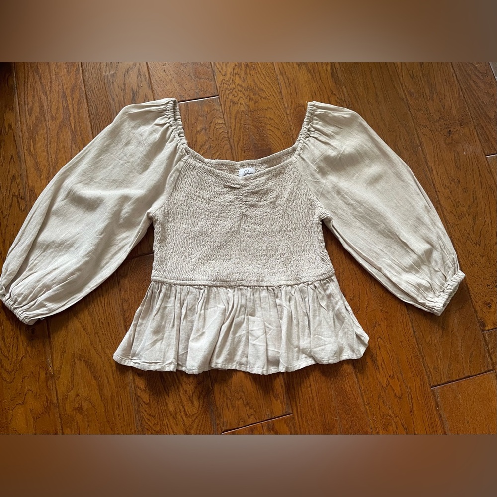 Japna Floral Smocked Boho Cottage Core Off Shoulder Long Sleeve Blouse Flax M